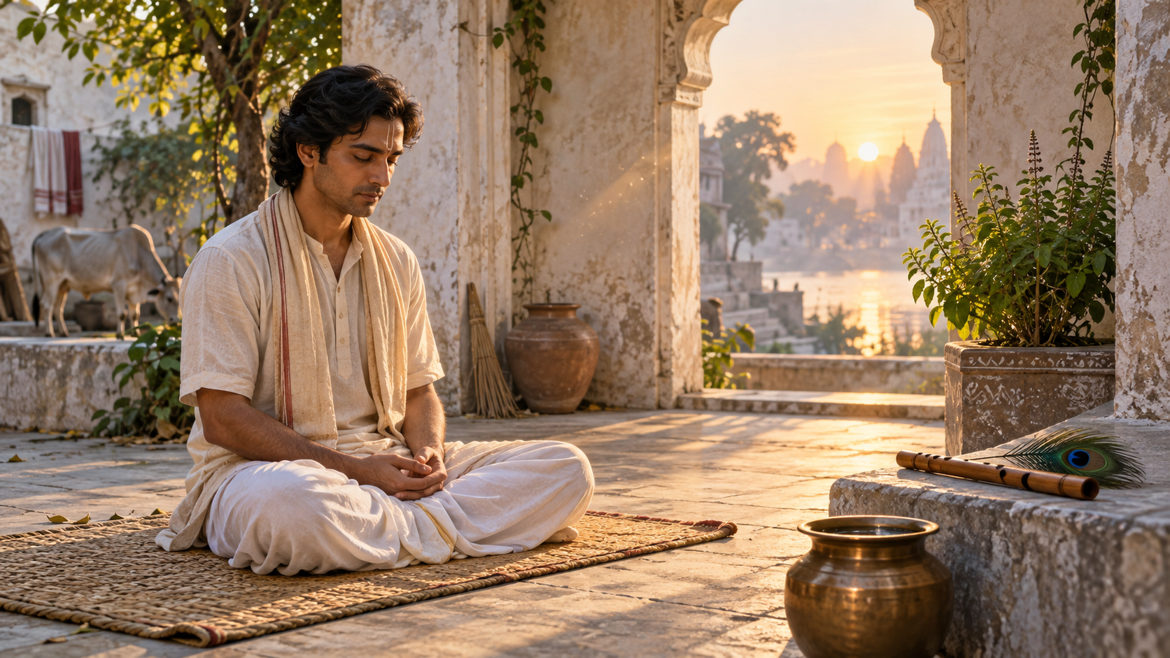 A devotee meditates at sunrise in a quiet courtyard beside a flute, peacock feather, water vessel, and tulsi plant.