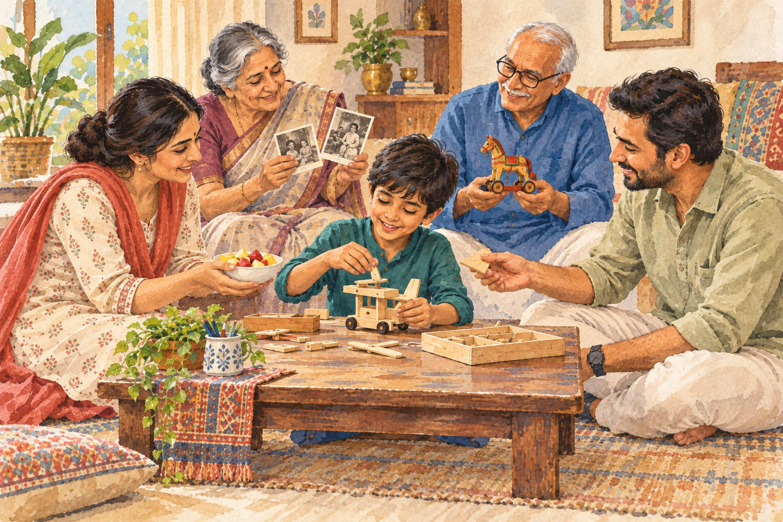 A child builds a wooden model while the mother, father, and two elders offer food, a model piece, family photographs, and a handmade toy.