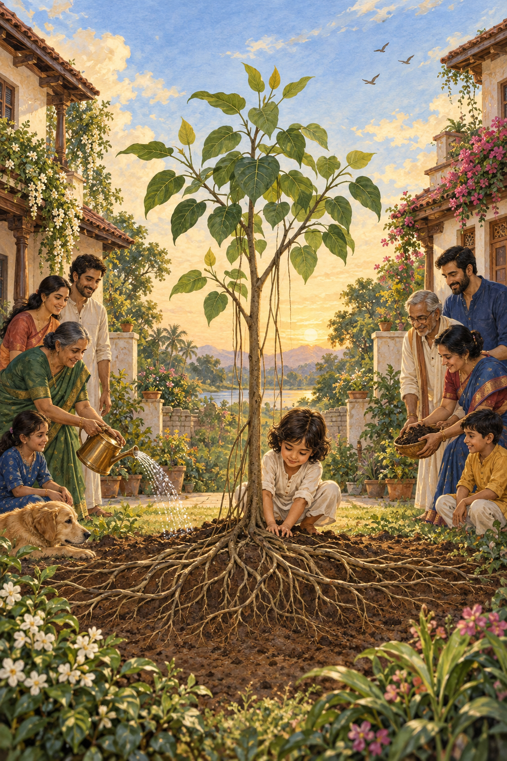 A child plants a young banyan tree between two neighboring homes as relatives on both sides offer water and compost.