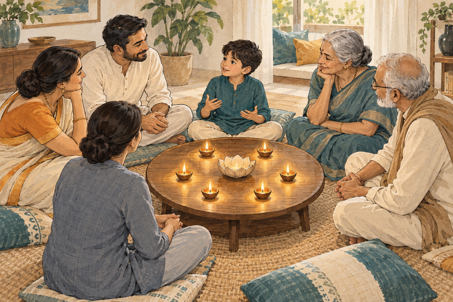 A child and five adults sit in a discussion circle around a low table holding six small clay lamps and a lotus-shaped bowl.