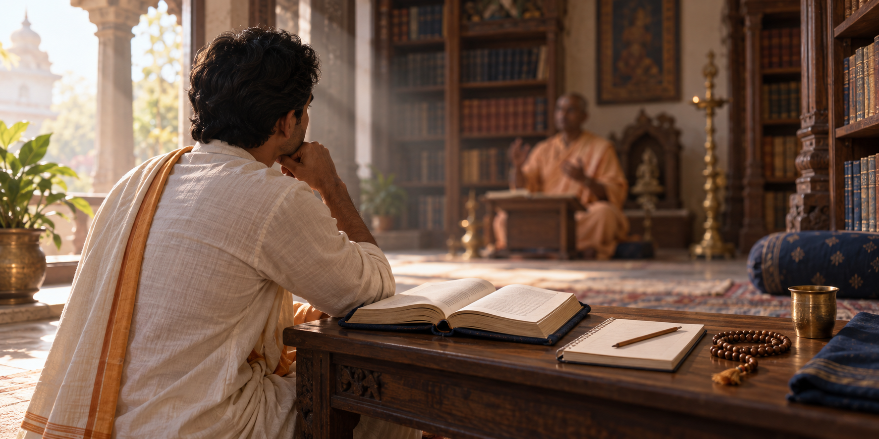 A devotee listens to a teacher in a temple library with an open sacred book, notebook, pencil, and meditation beads on a low desk.