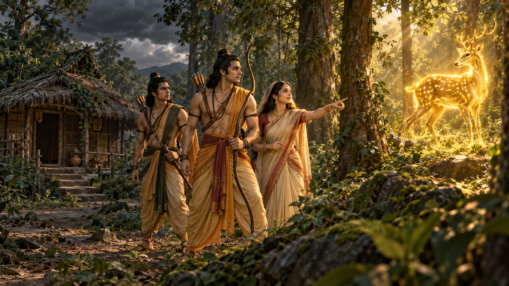 Rama, Sita and Lakshmana look toward a glowing golden deer outside their forest hermitage as shadows gather around the unattended dwelling.