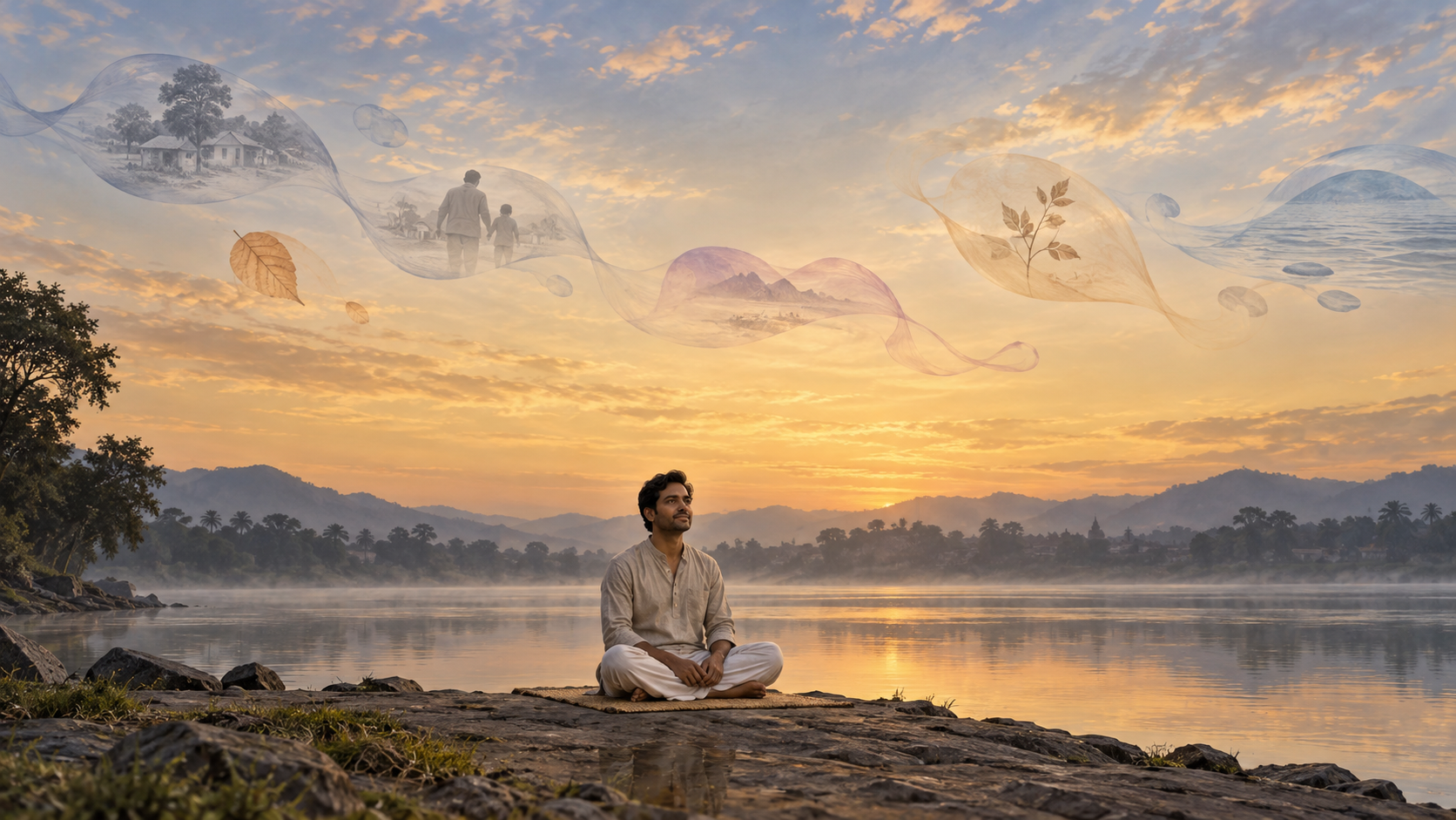A person meditates beside a river at dawn as translucent shapes drift through a softly illuminated sky.