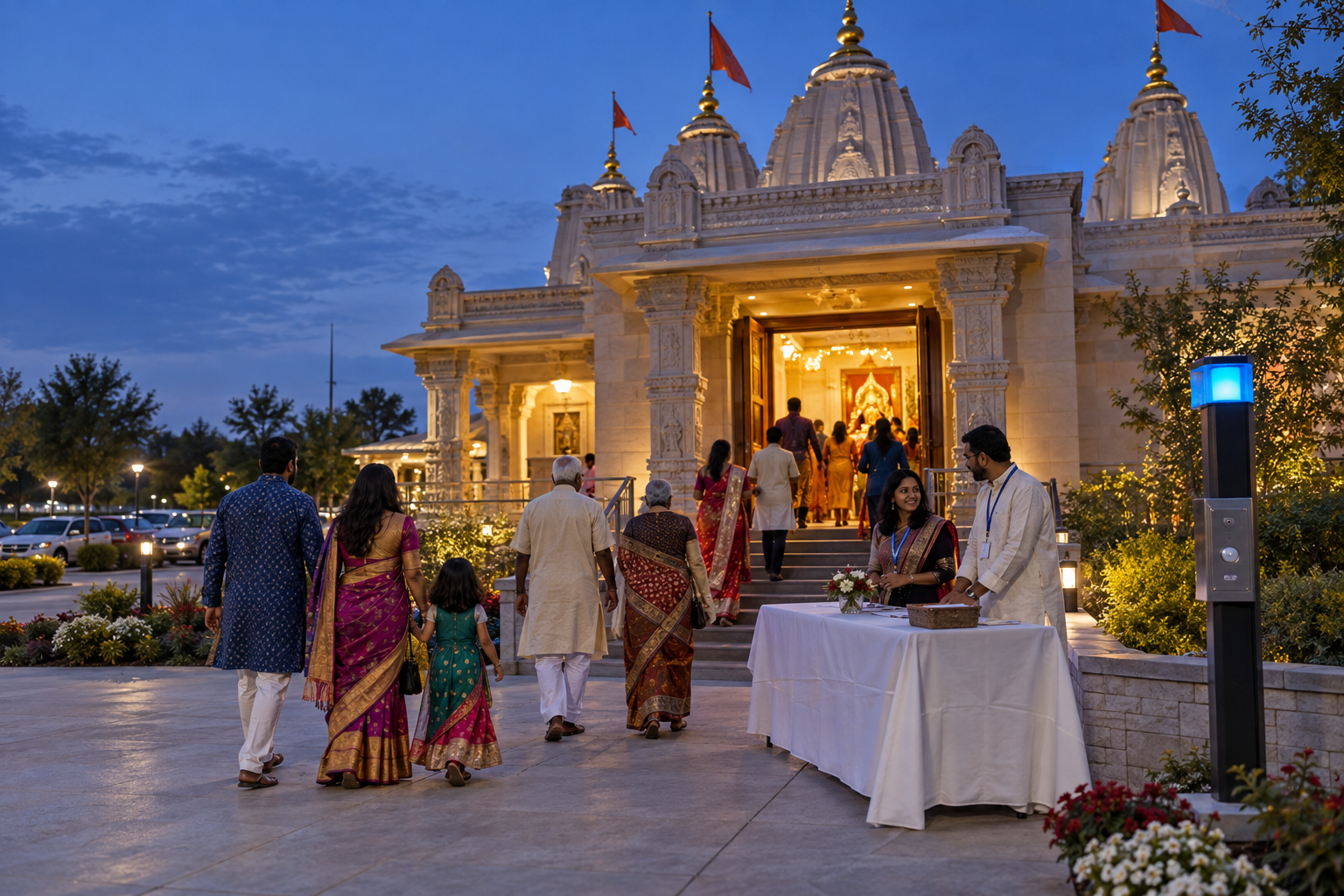 Families and elders approach a warmly lit Hindu temple while two volunteers coordinate near the entrance at dusk.