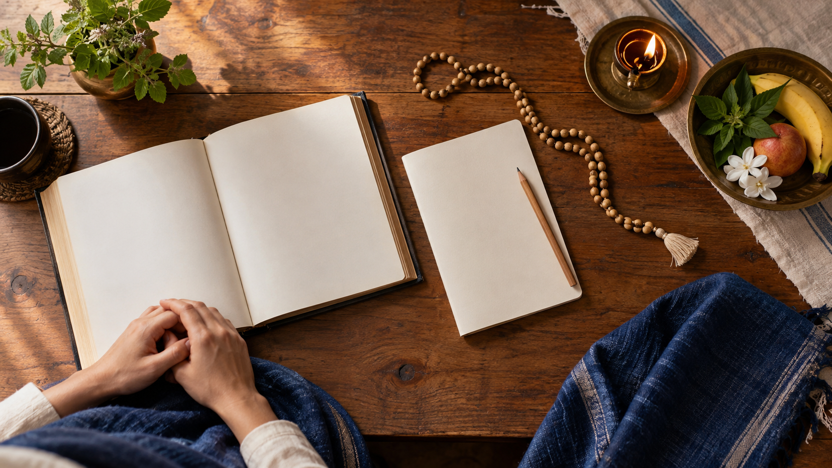 An open sacred book, attentive hands, a blank notebook, meditation beads, an oil lamp, and an offering bowl are arranged in a diagonal sequence.