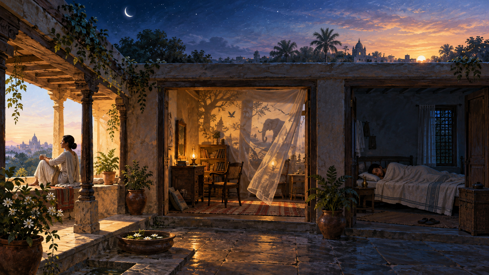 A connected courtyard home shows a wakeful person, a dreamlike lamplit room, and a sleeping person beneath one continuous sky.