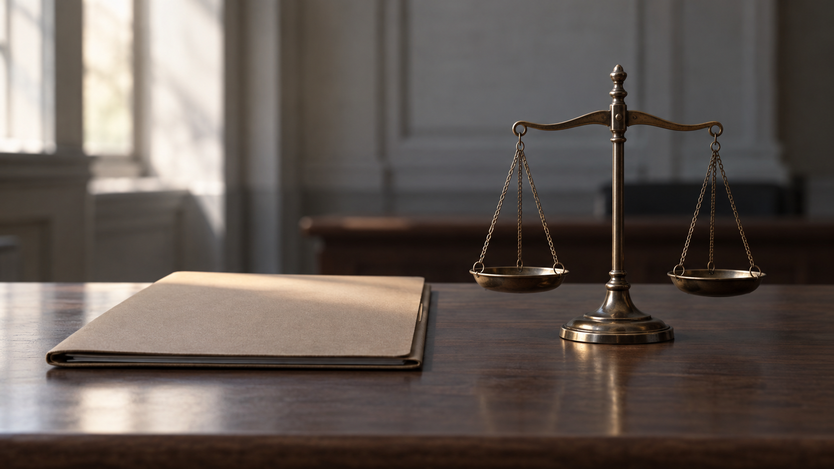 A closed case folder and brass balance scale sit on a courthouse desk, partly illuminated by window light.