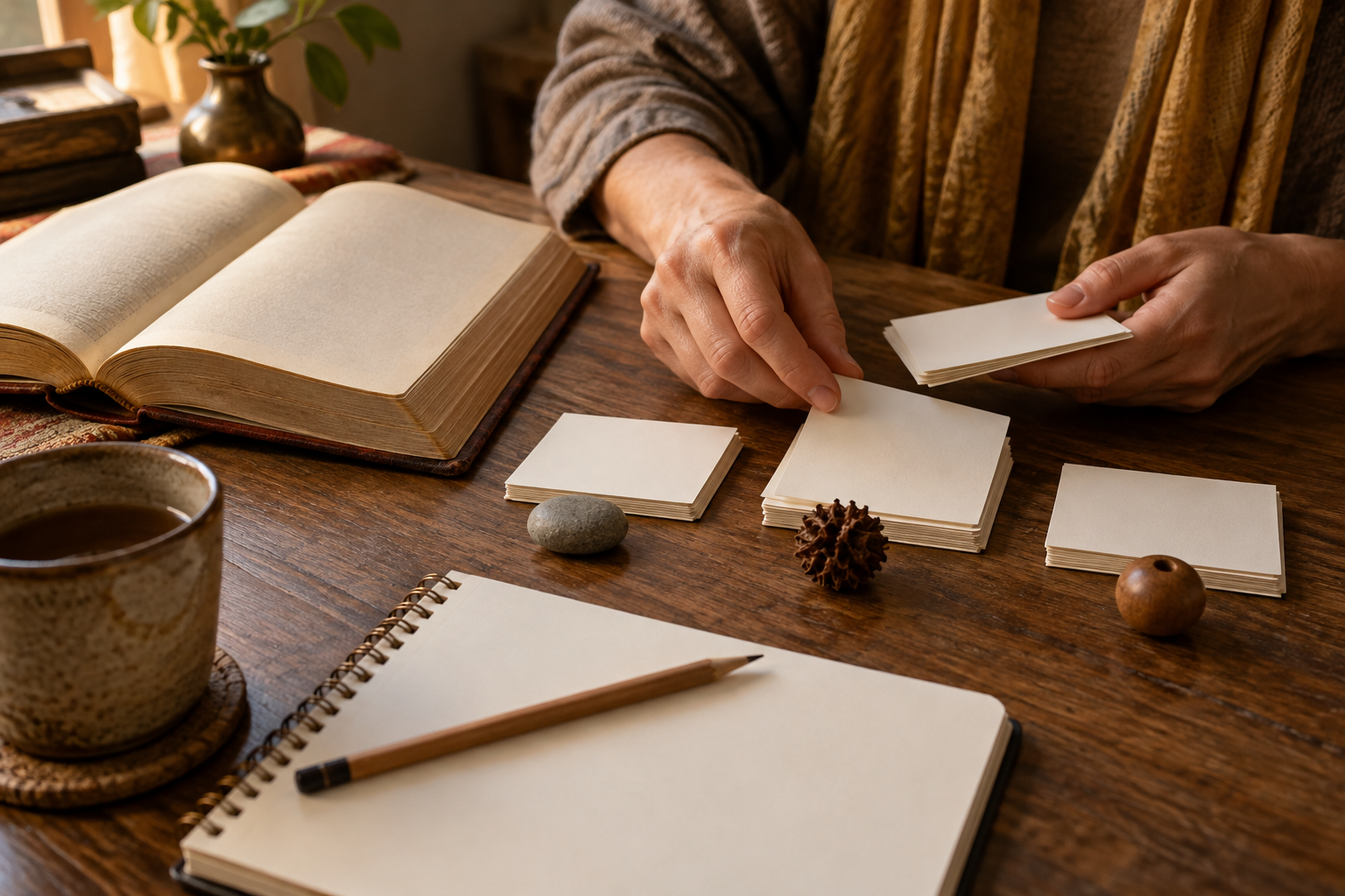 A student sorts blank index cards beside an open sacred book, a plain notebook, a pencil, and small wooden markers.