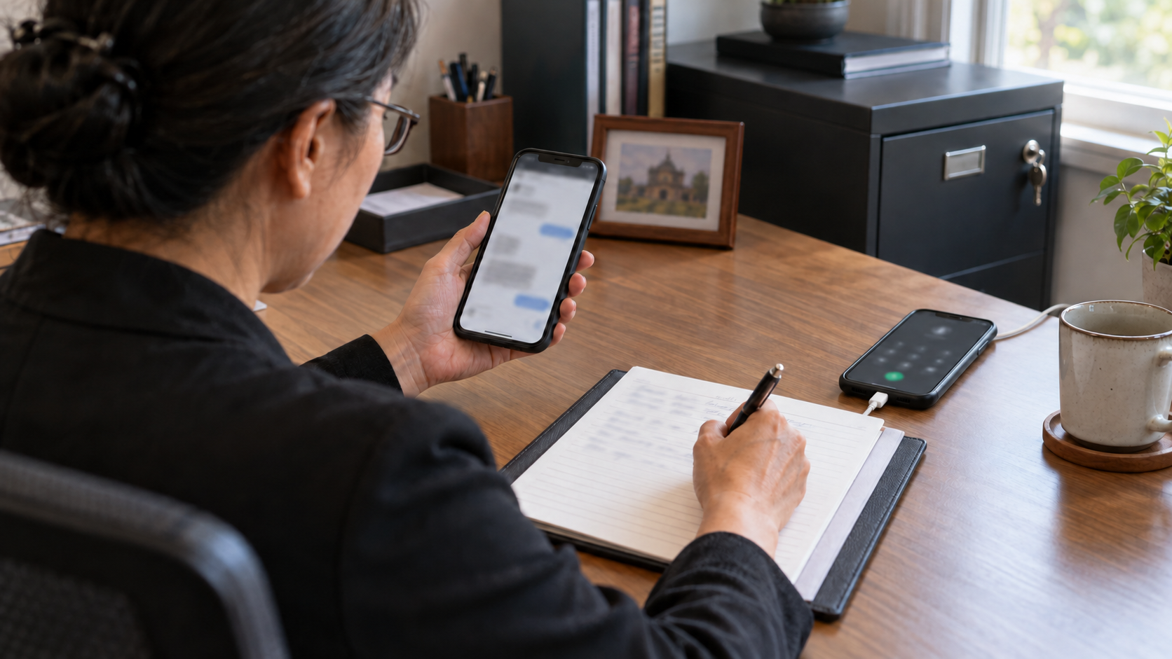 A temple administrator documents a blurred phone message in an incident log beside a second phone in a private office.