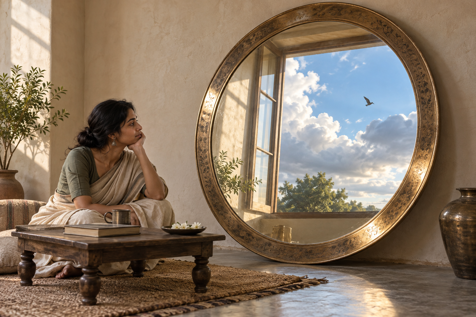 A seated person looks toward a bronze mirror that reflects an open window, clouds, and a passing bird.