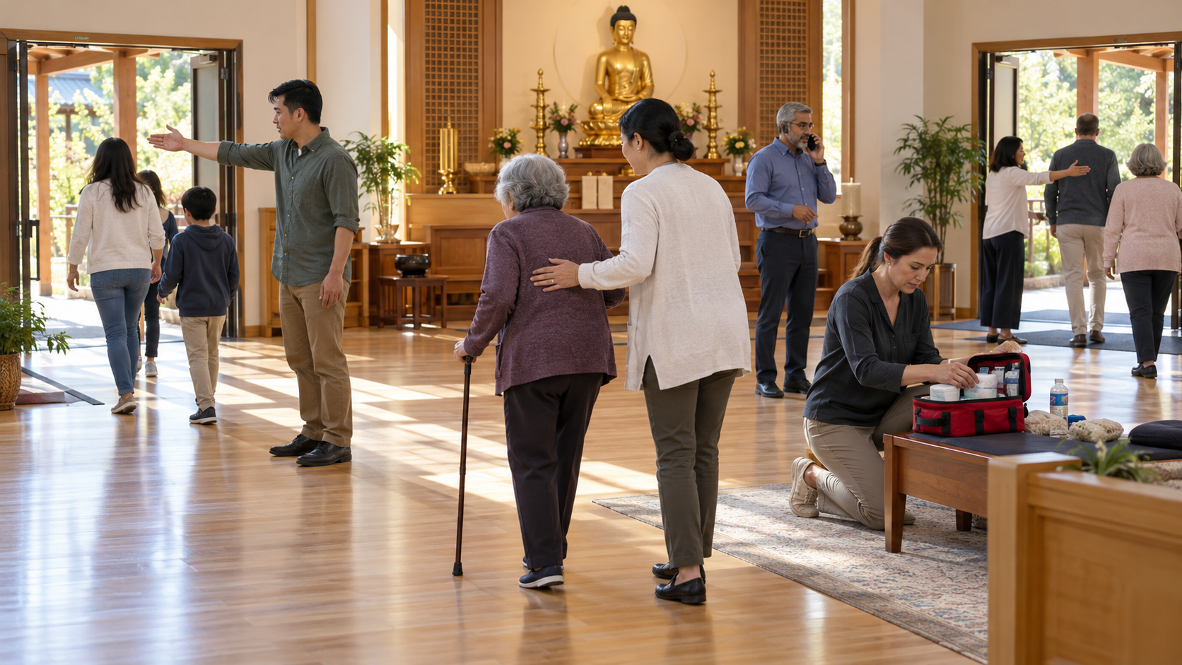 Temple volunteers rehearse guiding worshippers through a hall while checking a first-aid kit and making a phone call.