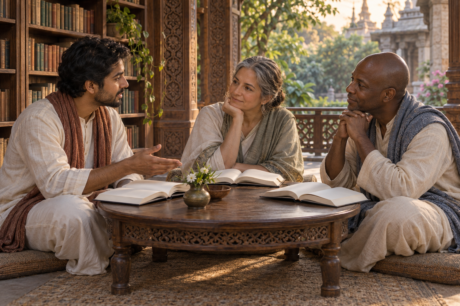 Three devotees discuss an open sacred book together around a low table on a shaded veranda.