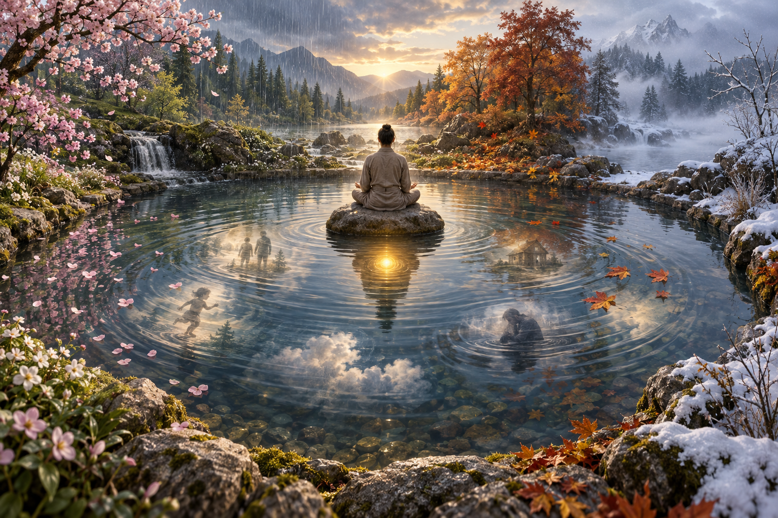 A motionless contemplative sits in a pool surrounded by four changing seasons while shifting reflections circle a steady golden light.