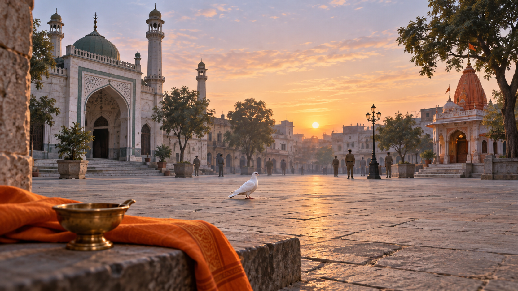 A quiet North Indian square at dawn with a mosque, a small Hindu worship space, an unlit brass lamp and distant civilian and police silhouettes.