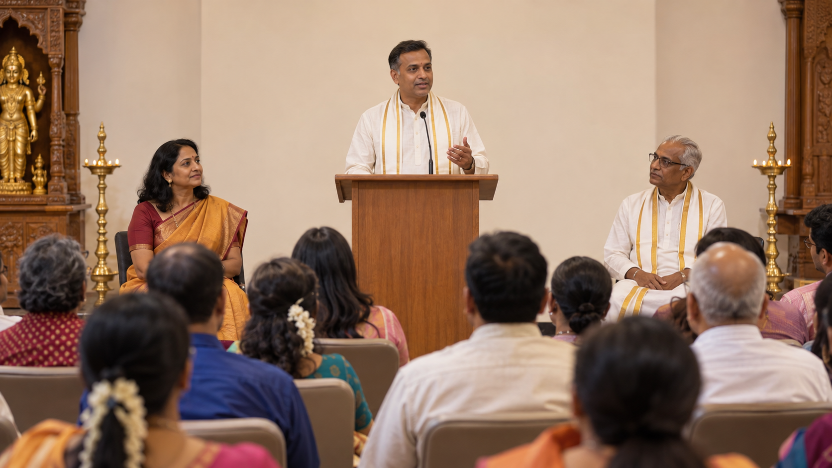 A composed spokesperson addresses an attentive congregation in a temple meeting room while community leaders listen nearby.
