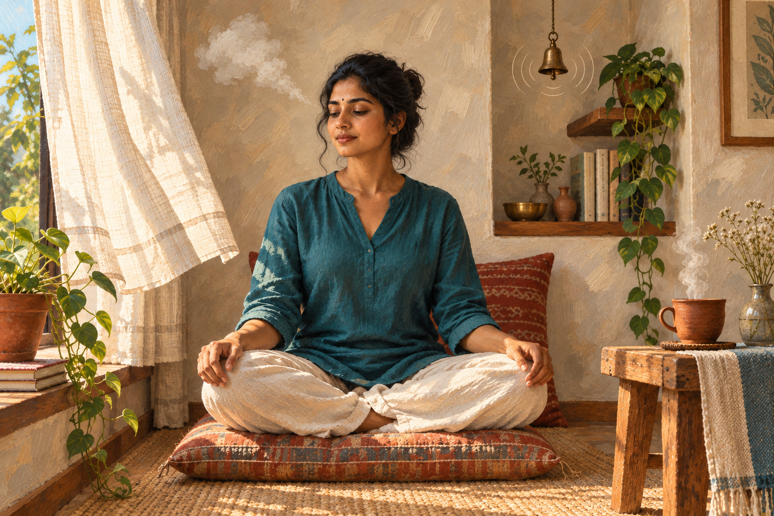 A person meditates in a quiet room while a curtain moves, steam rises, and sunlight falls across one hand.