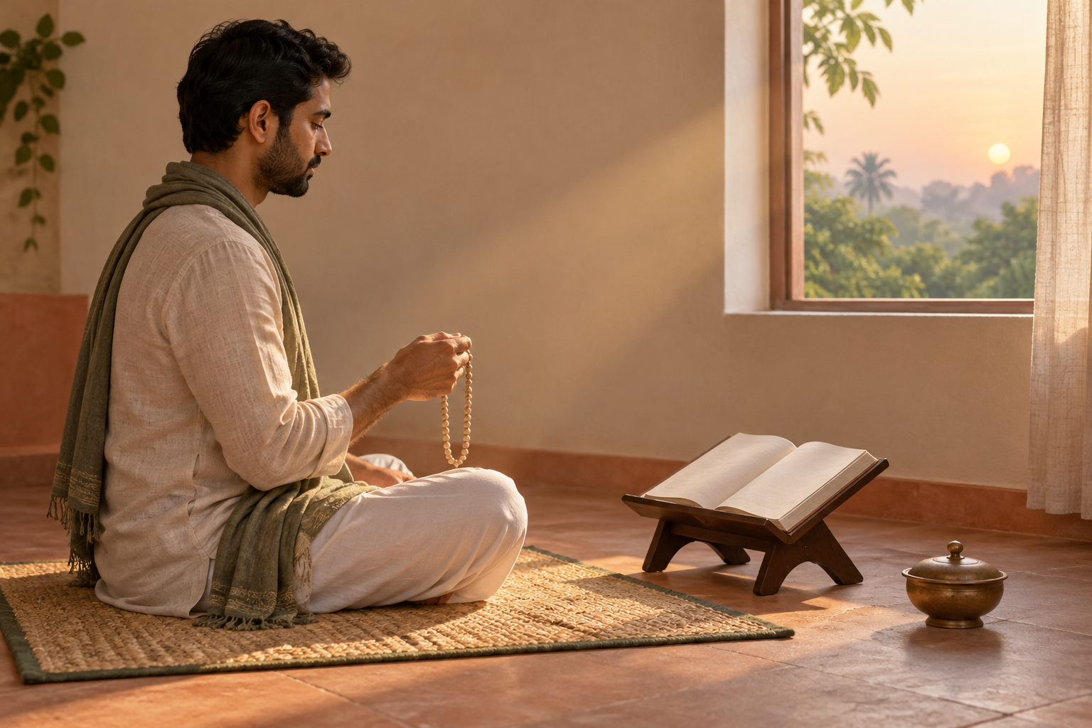 A devotee practices quietly with meditation beads at dawn beside an open sacred book and a small offering bowl.