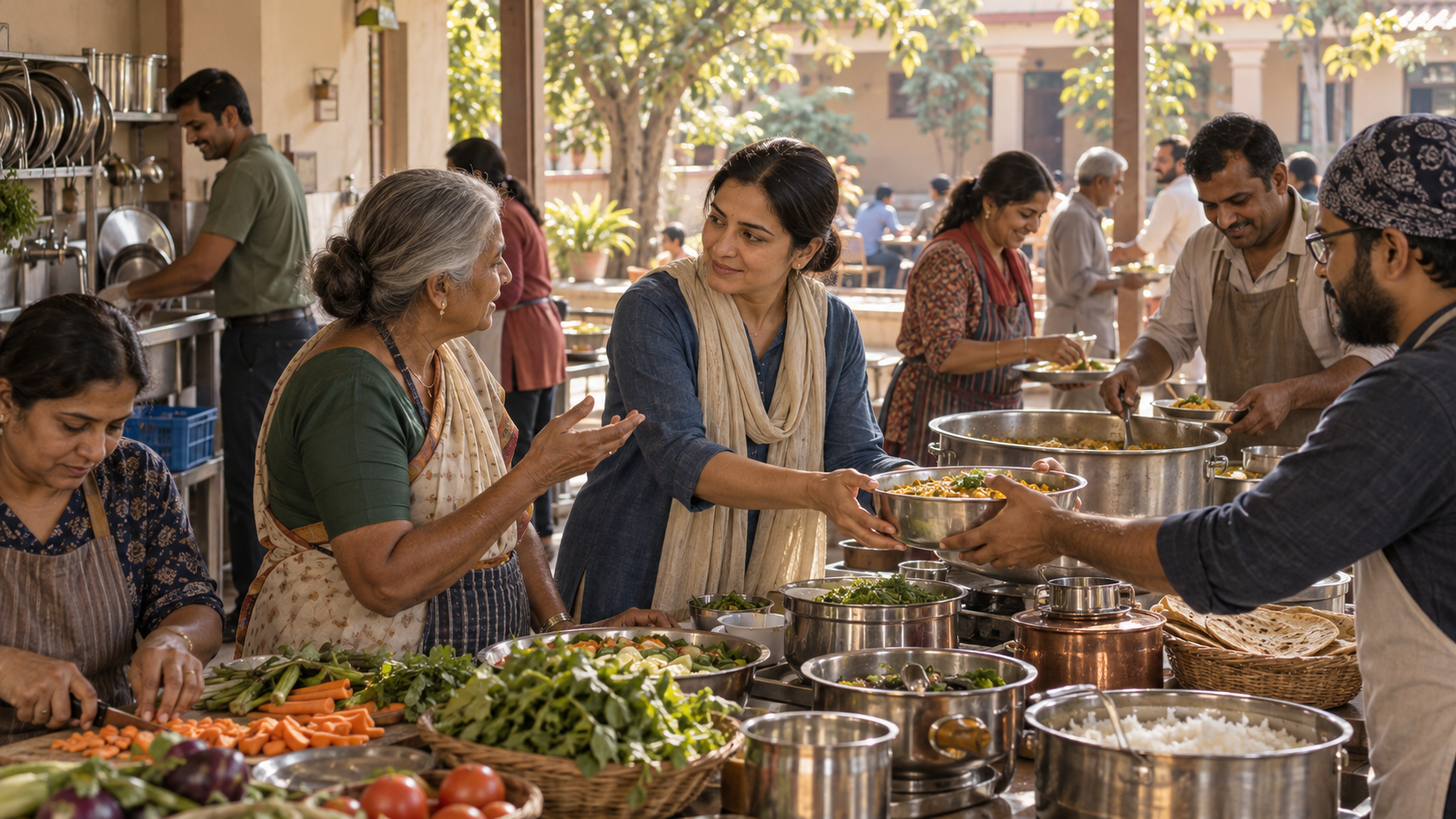 People prepare and serve a communal meal while one volunteer listens to an older person and passes a bowl.