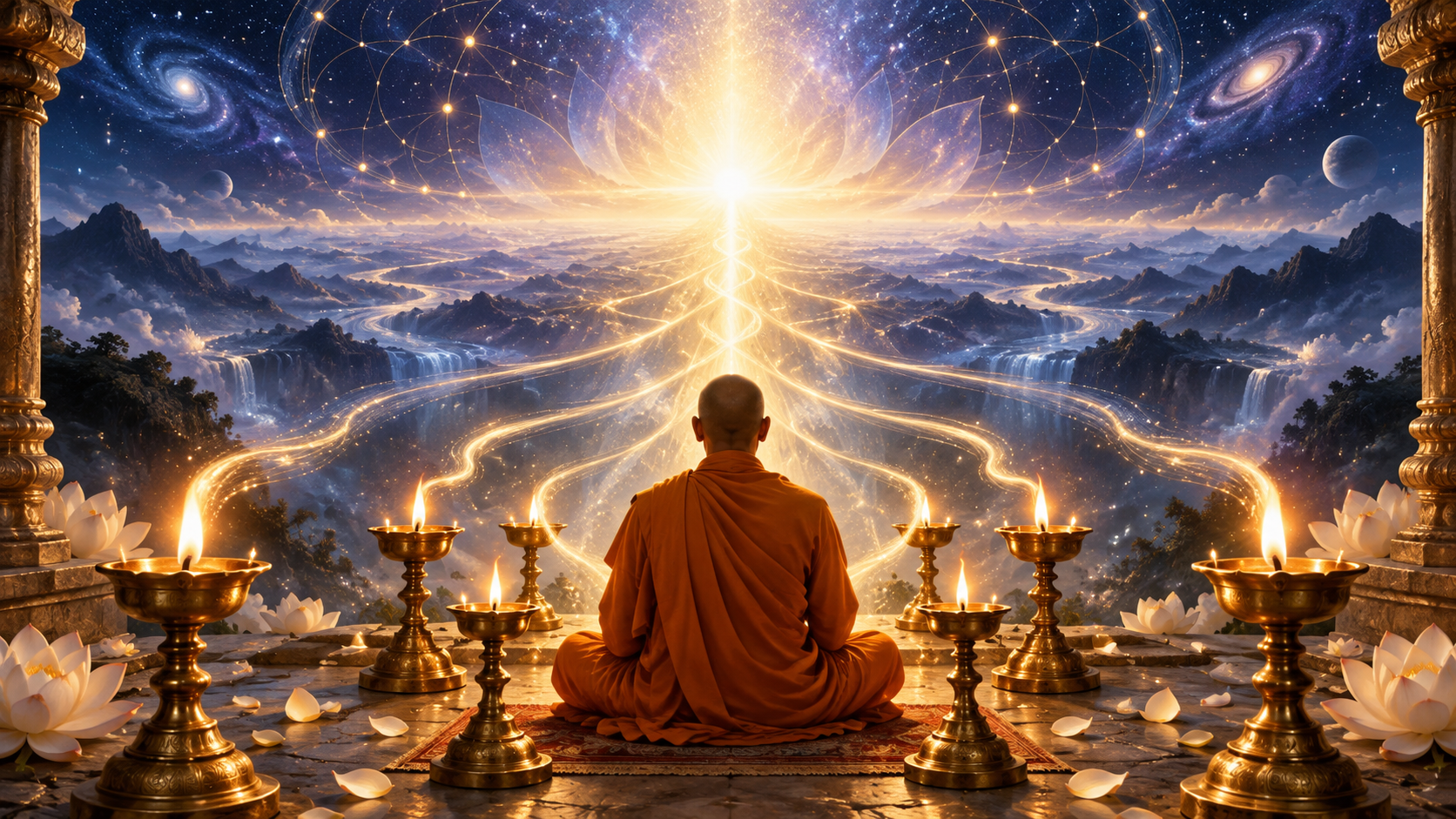 A saffron-robed monk meditates before several oil lamps whose flames converge into one radiance and dissolve into a luminous cosmos.
