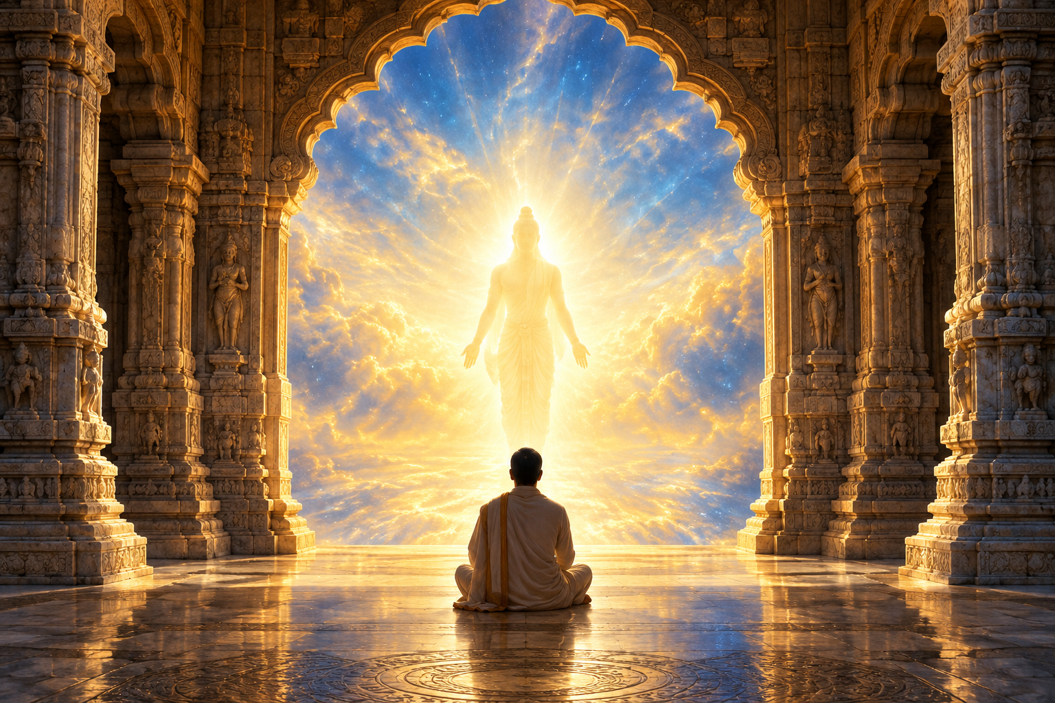 A seated worshipper faces a radiant figure within a temple arch that opens into an infinite field of light.