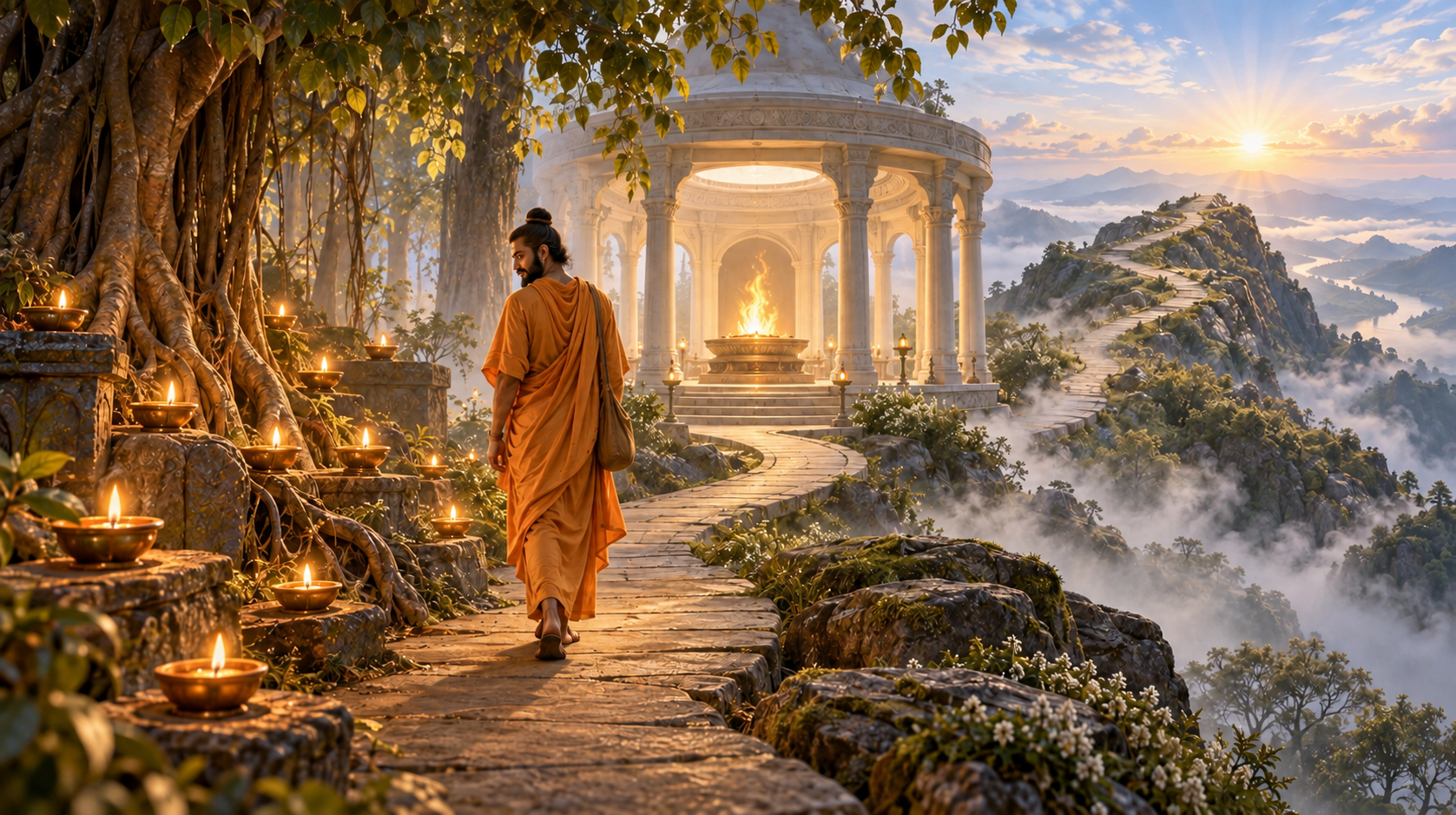 A saffron-clad seeker follows a path from several glowing lamps through a single-flame sanctuary toward an open luminous sky.