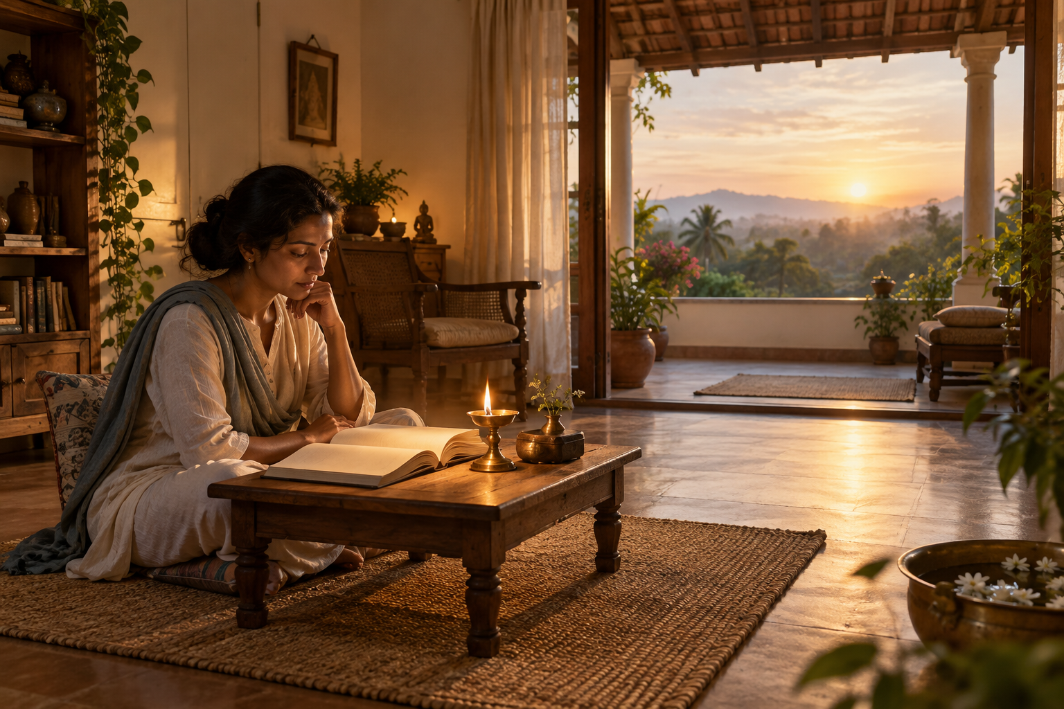 A practitioner meditates beside an oil lamp and open book as concentric light expands from the objects into the surrounding dawn sky.