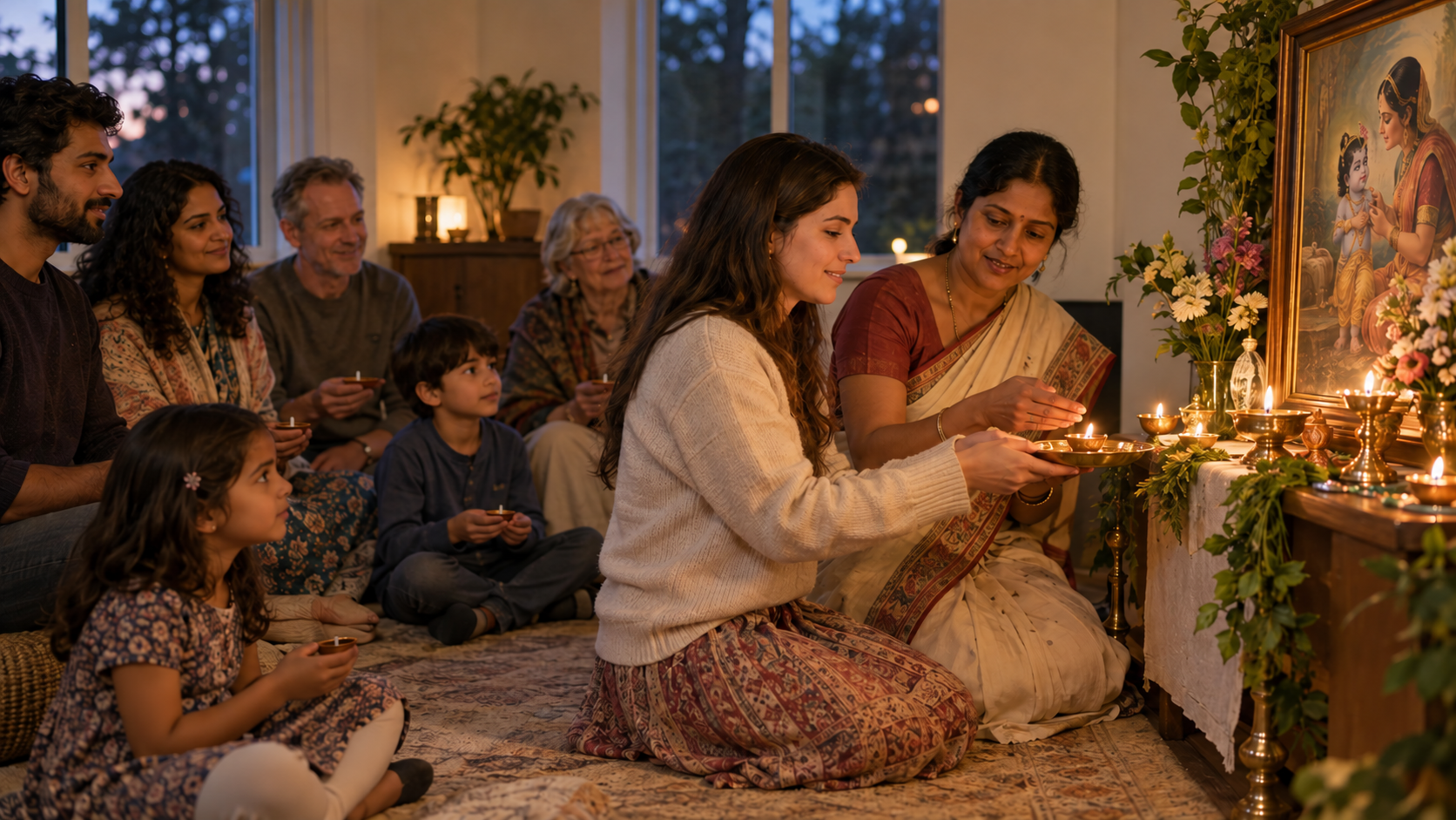A small multigenerational group gathers in a community room as a guest offers a ghee lamp before a flower-decorated Dāmodara altar with guidance from a host.