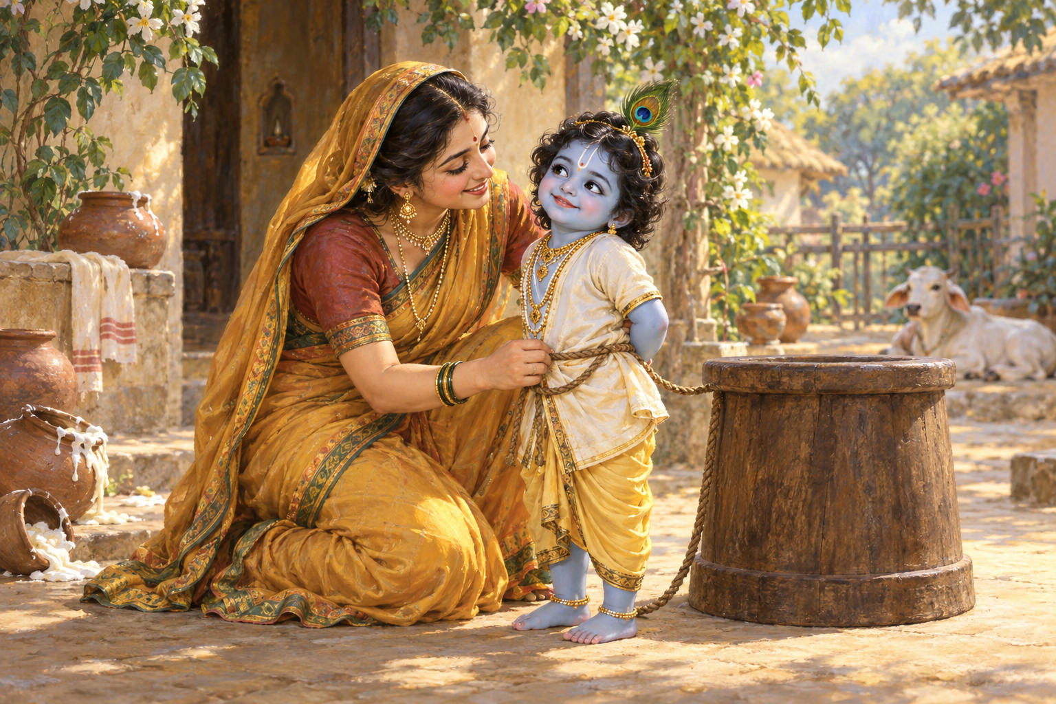 Devotional painting of mother Yashoda kneeling beside child Krishna and gently tying a rope around his waist near a wooden mortar.