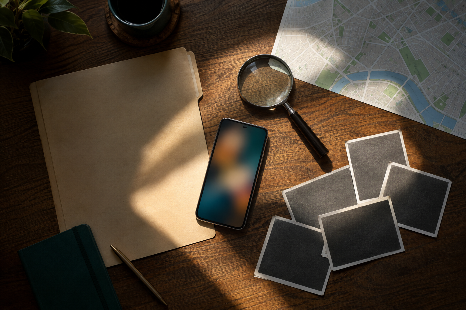 A smartphone, magnifying glass, unmarked file and unlabeled map arranged on a desk for fact-checking.