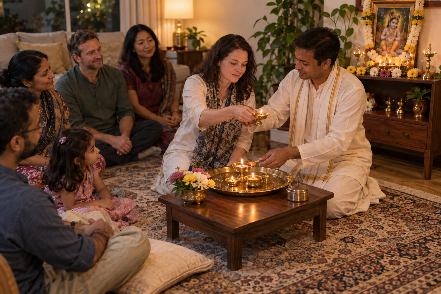 A host demonstrates a safe ghee-lamp offering to a newcomer while a small group watches in a home living room.
