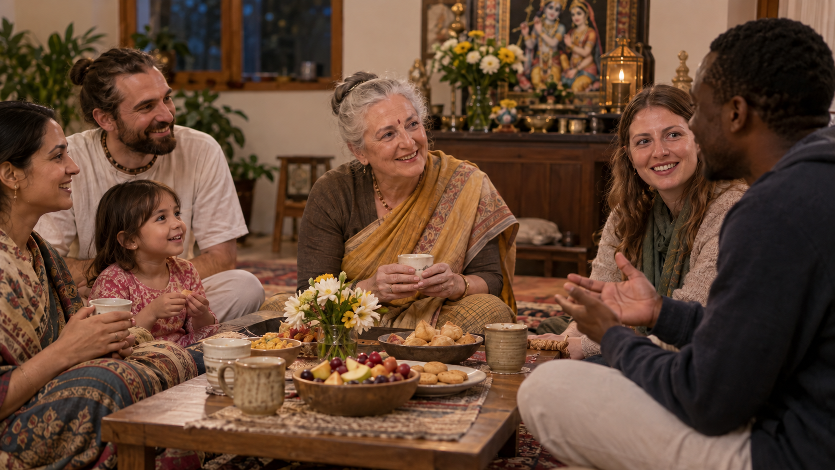 Participants share refreshments and conversation after a lamp program while the flower-decorated altar remains visible in the background.