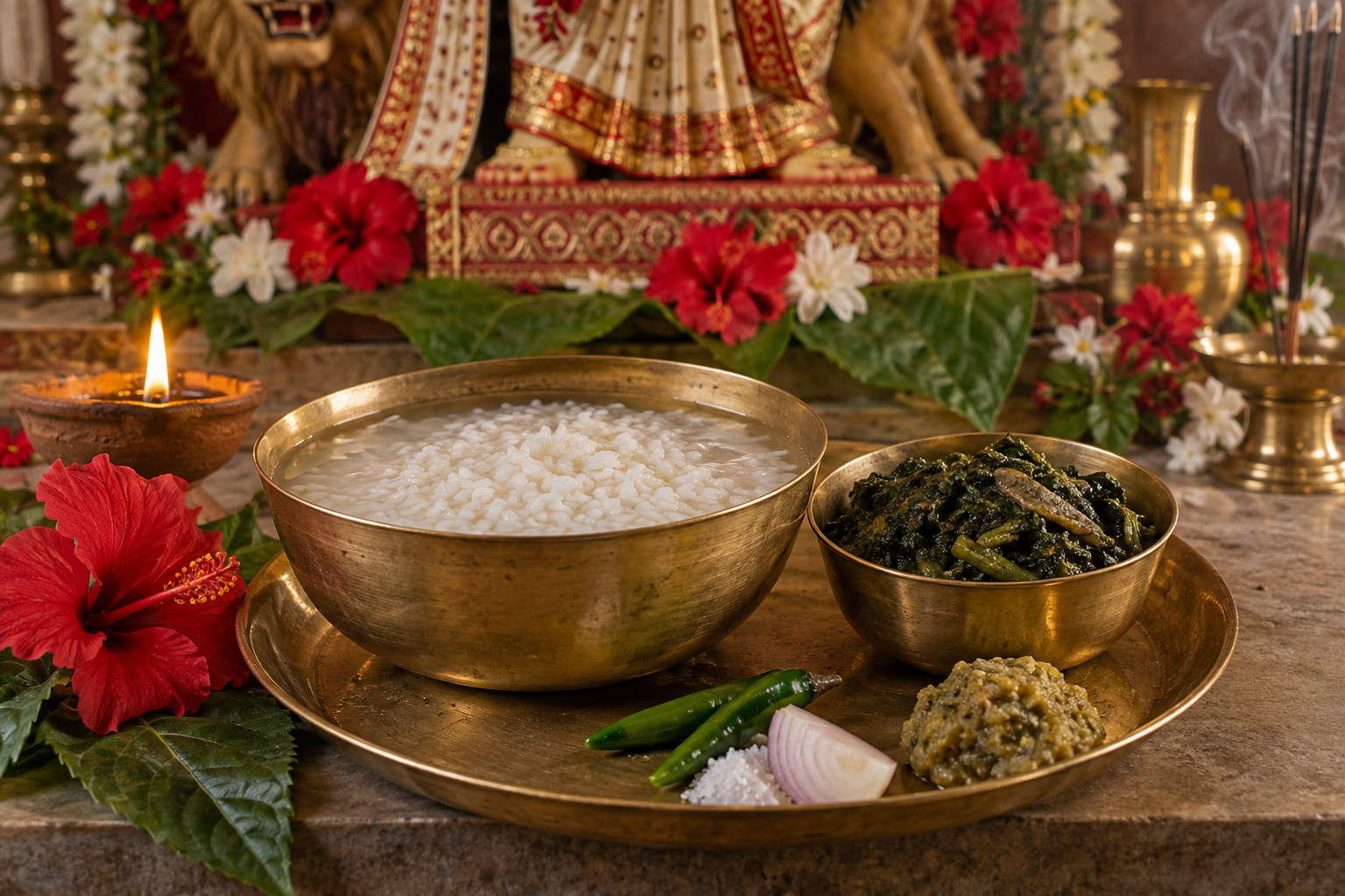 A brass thali holds water-soaked rice and cooked taro greens before a softly focused Durga Puja altar.