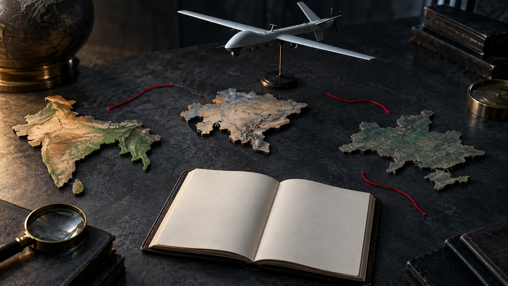 A generic drone model hangs above blank financial papers and disconnected map fragments on a dark investigative table.