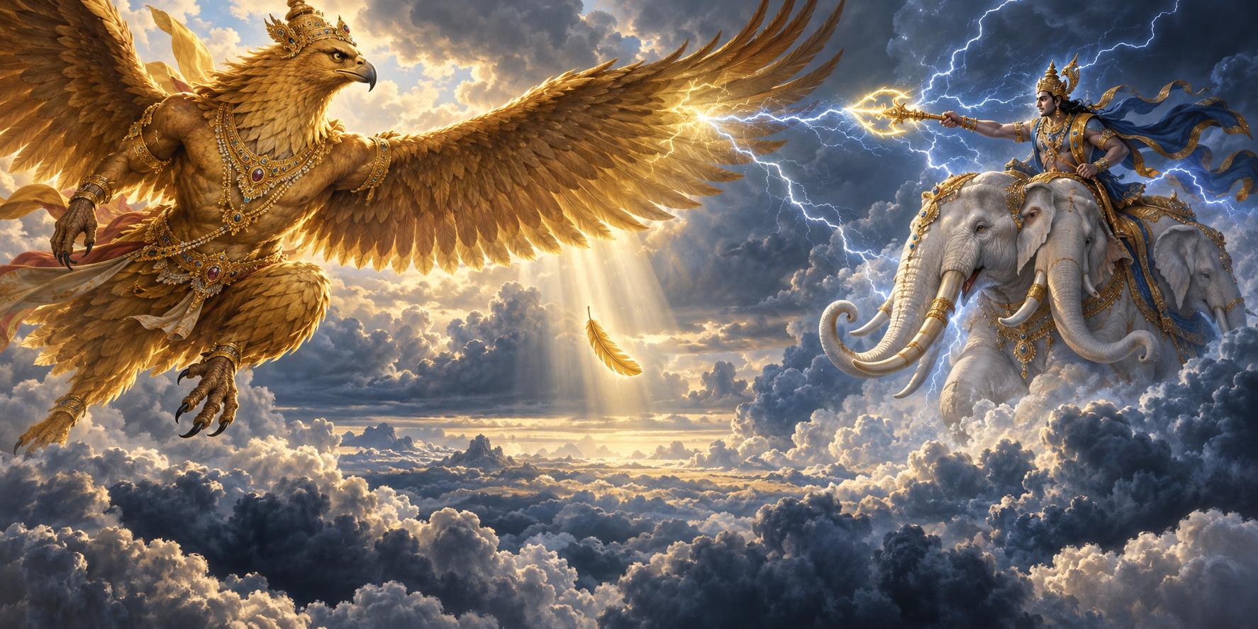 Garuda remains composed in the sky as Indra's Vajra strikes his golden wing and a single feather falls between them.