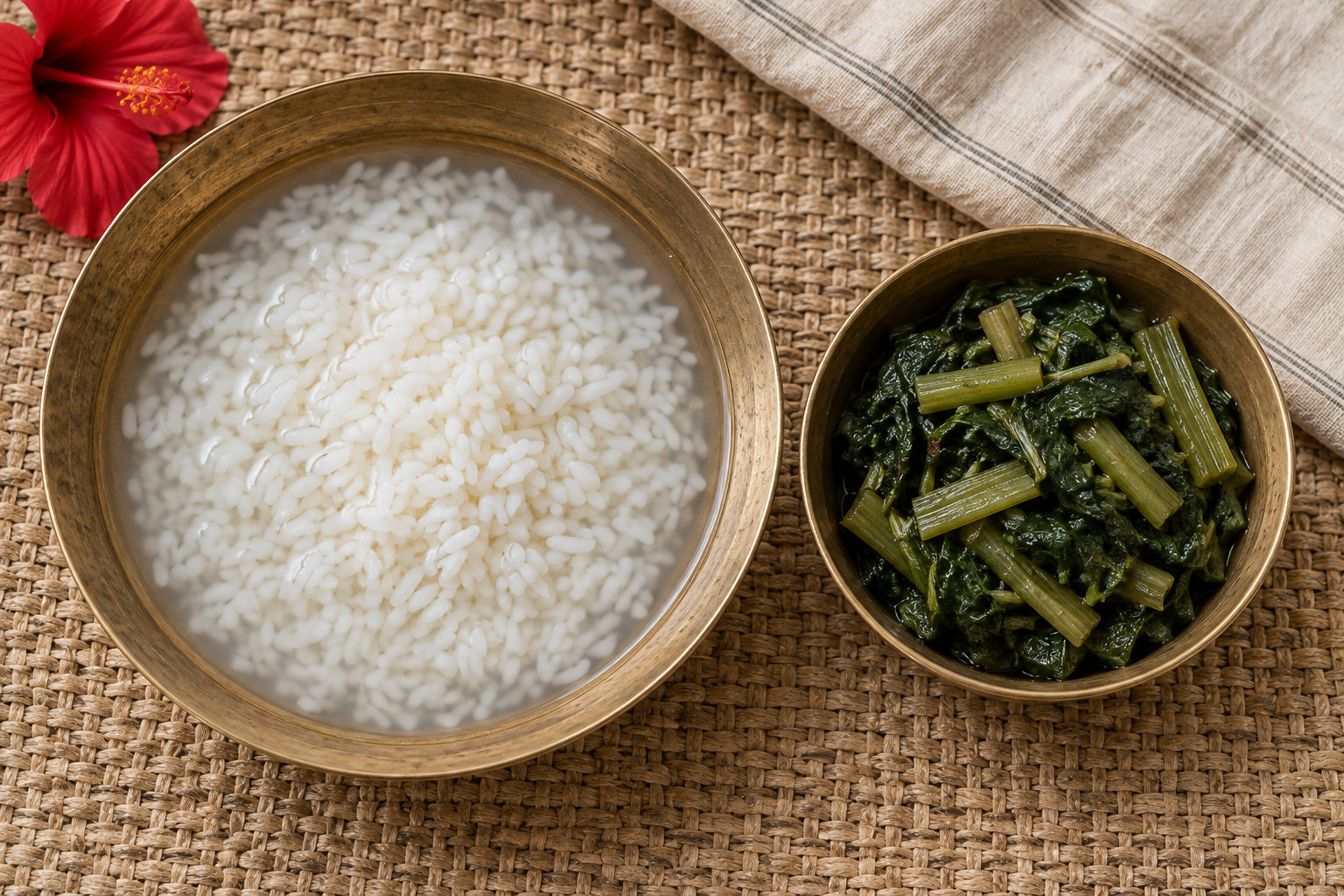 An overhead view of panta bhaat in water and cooked kachu shaak served in separate brass bowls.