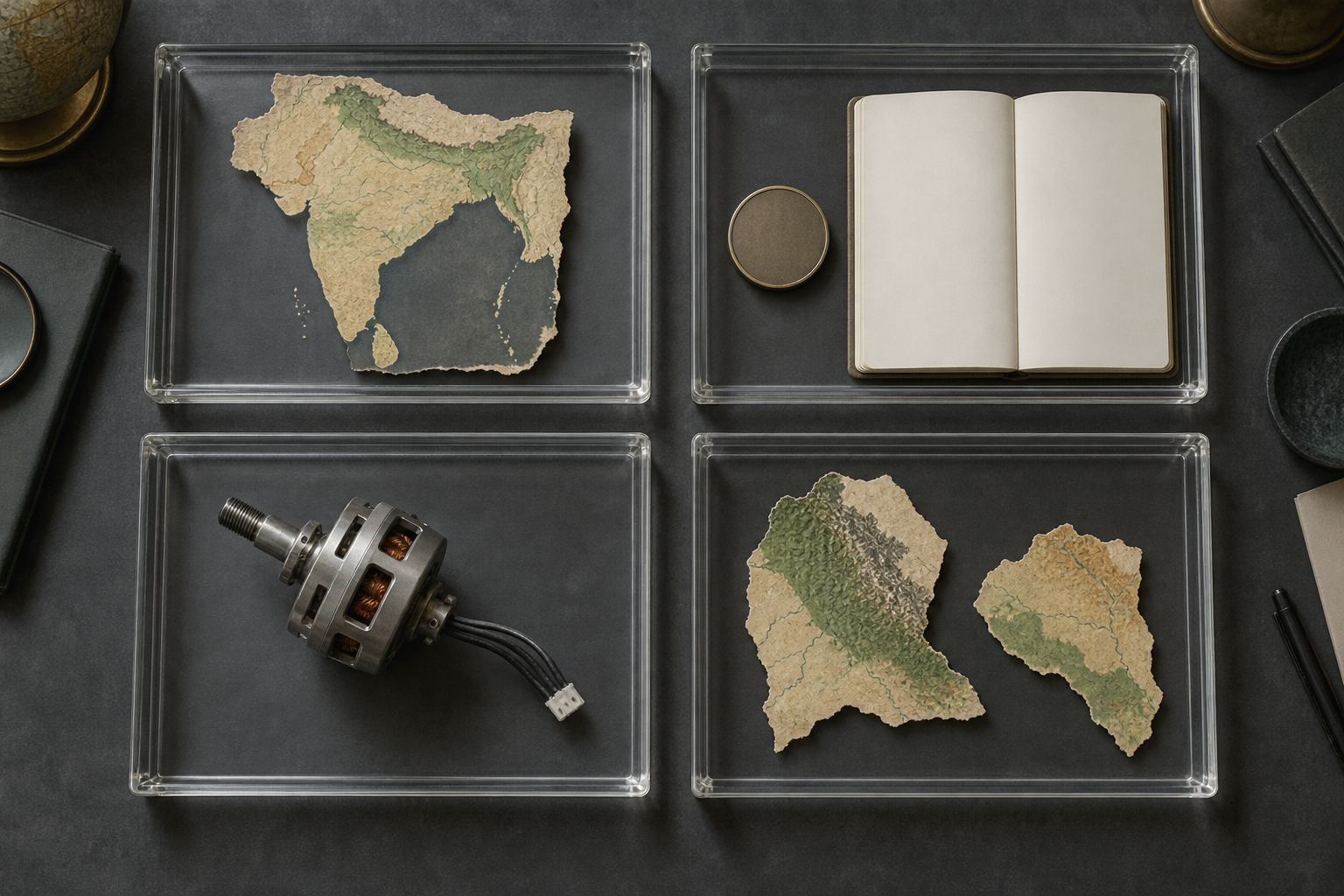 Four separate evidence trays hold an unlabeled map fragment, a blank ledger, a drone component, and two disconnected regional maps.