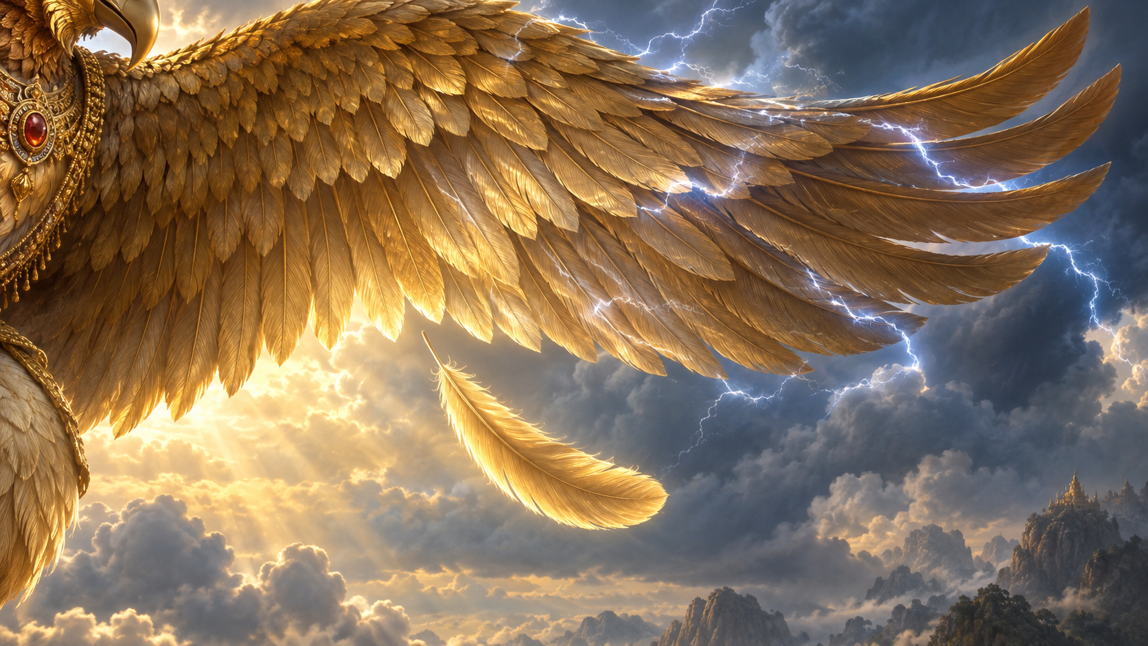 An undamaged golden wing releases one intact feather while lightning from the Vajra fades across its plumage.