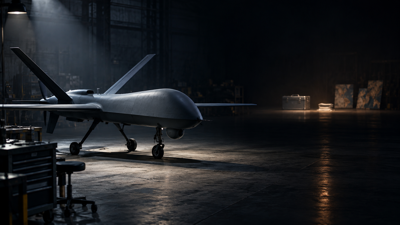 A generic drone is clearly lit in a workshop while a case, blank papers, and map pieces remain blurred in darkness behind it.