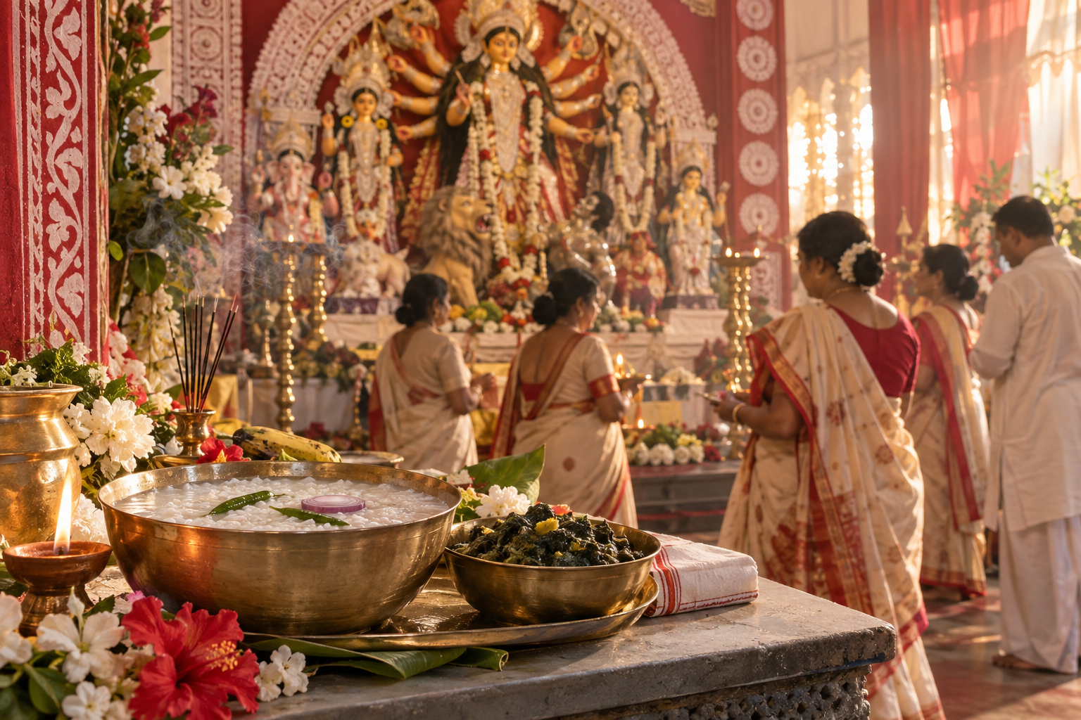 Panta bhaat and kachu shaak remain before the installed Durga murti as devotees prepare for visarjan.