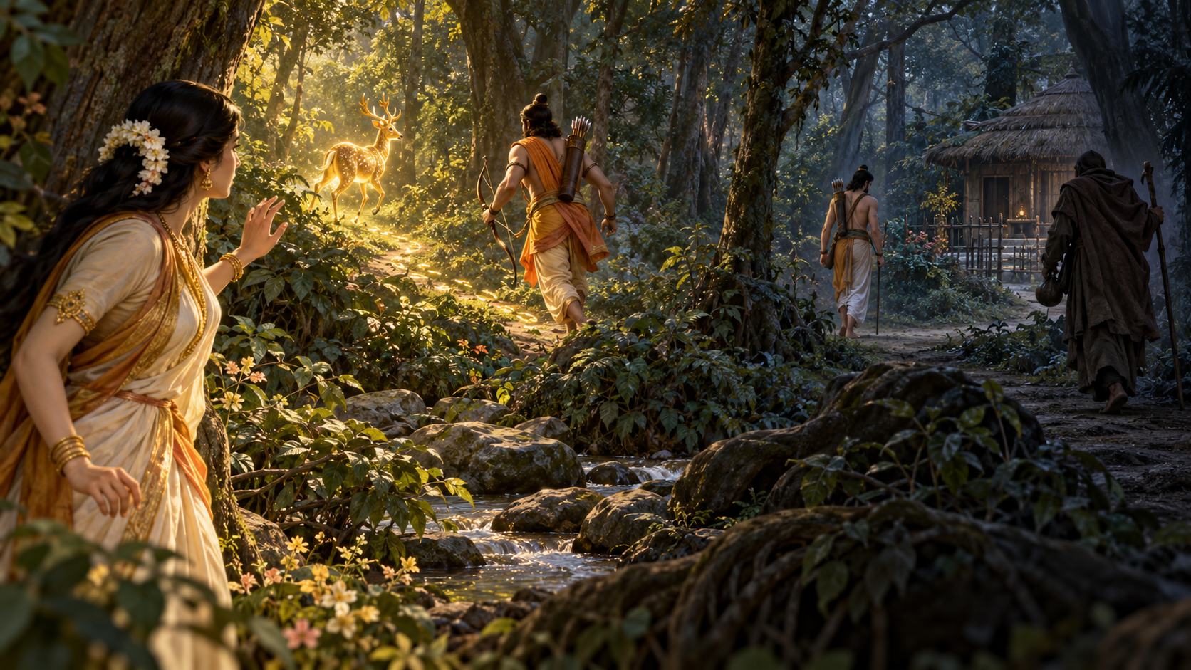 Sita watches the golden deer while Rama pursues it, Lakshmana leaves the hermitage, and a disguised visitor approaches from the shadows.
