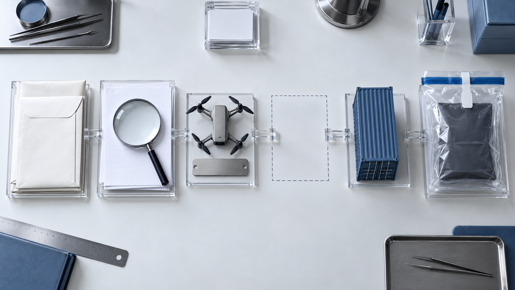 A forensic desk displays blank bank records, unmarked envelopes, a drone serial plate, a shipping model, and an evidence pouch.
