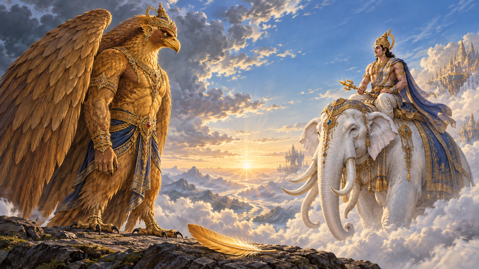 Garuda folds his immense wings and inclines his head toward Indra, who has lowered the Vajra while seated on Airavata.