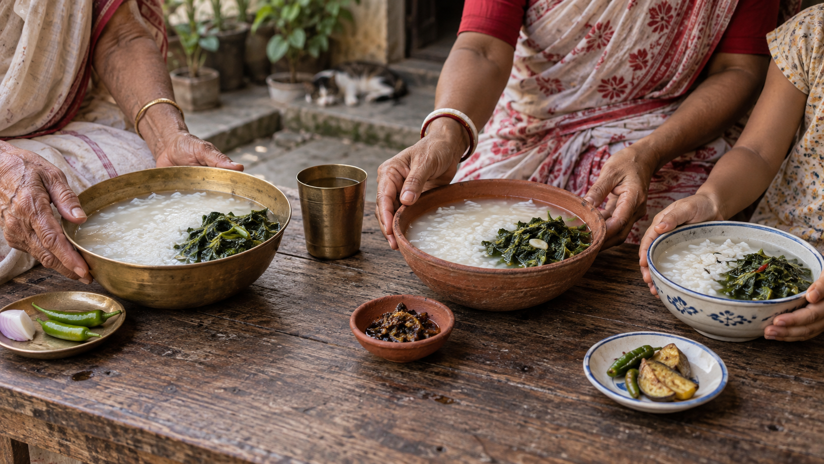 Three household servings pair water-soaked rice with differently prepared taro greens as family members set down the bowls.