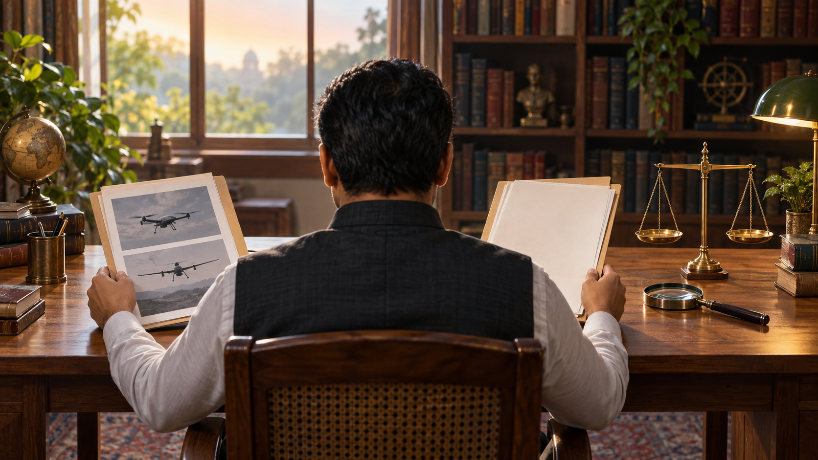 An anonymous analyst compares separate drone and financial files beside a balanced scale in a warmly lit study.