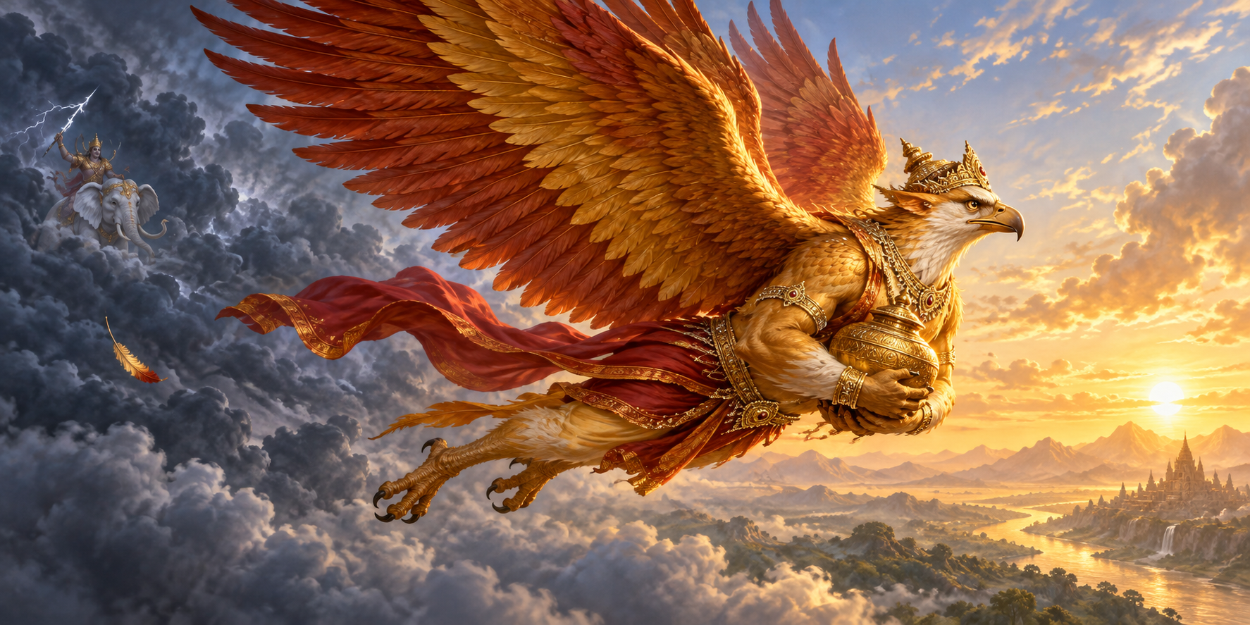 Garuda carries the vessel of amrita toward a bright horizon while Indra, Airavata, and the falling feather recede behind him.