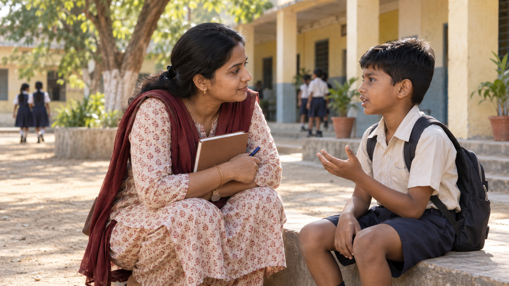 A parent listens to a uniformed child outside a modest public school with a courtyard and veranda in the background.