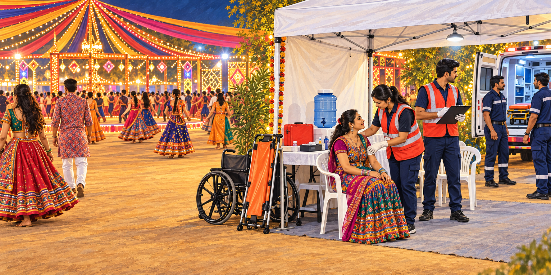 Volunteers staff a visible first-aid point beside an open route at a crowded evening Navratri celebration, with an ambulance crew nearby.