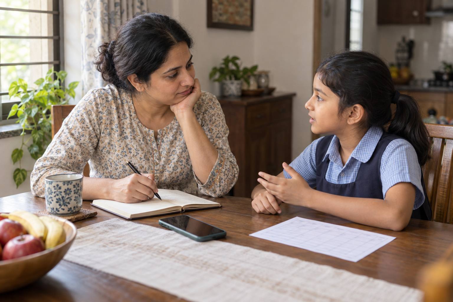 A parent takes notes while listening to a child at a dining table, with a phone and school papers nearby.