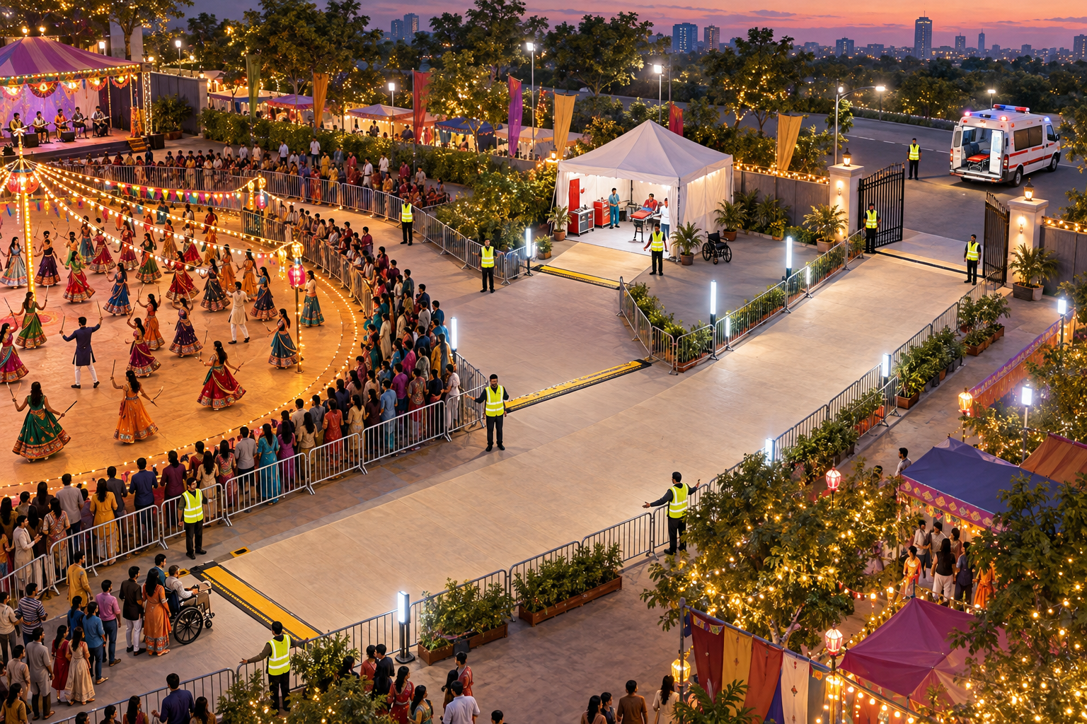 An unobstructed corridor connects a Navratri dance area with a first-aid canopy, an accessible exit and a waiting ambulance.