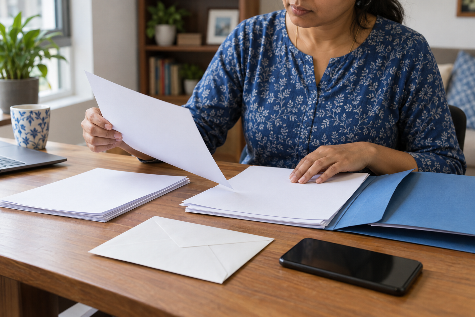 A parent organizes school documents and prepares a letter at a home desk.